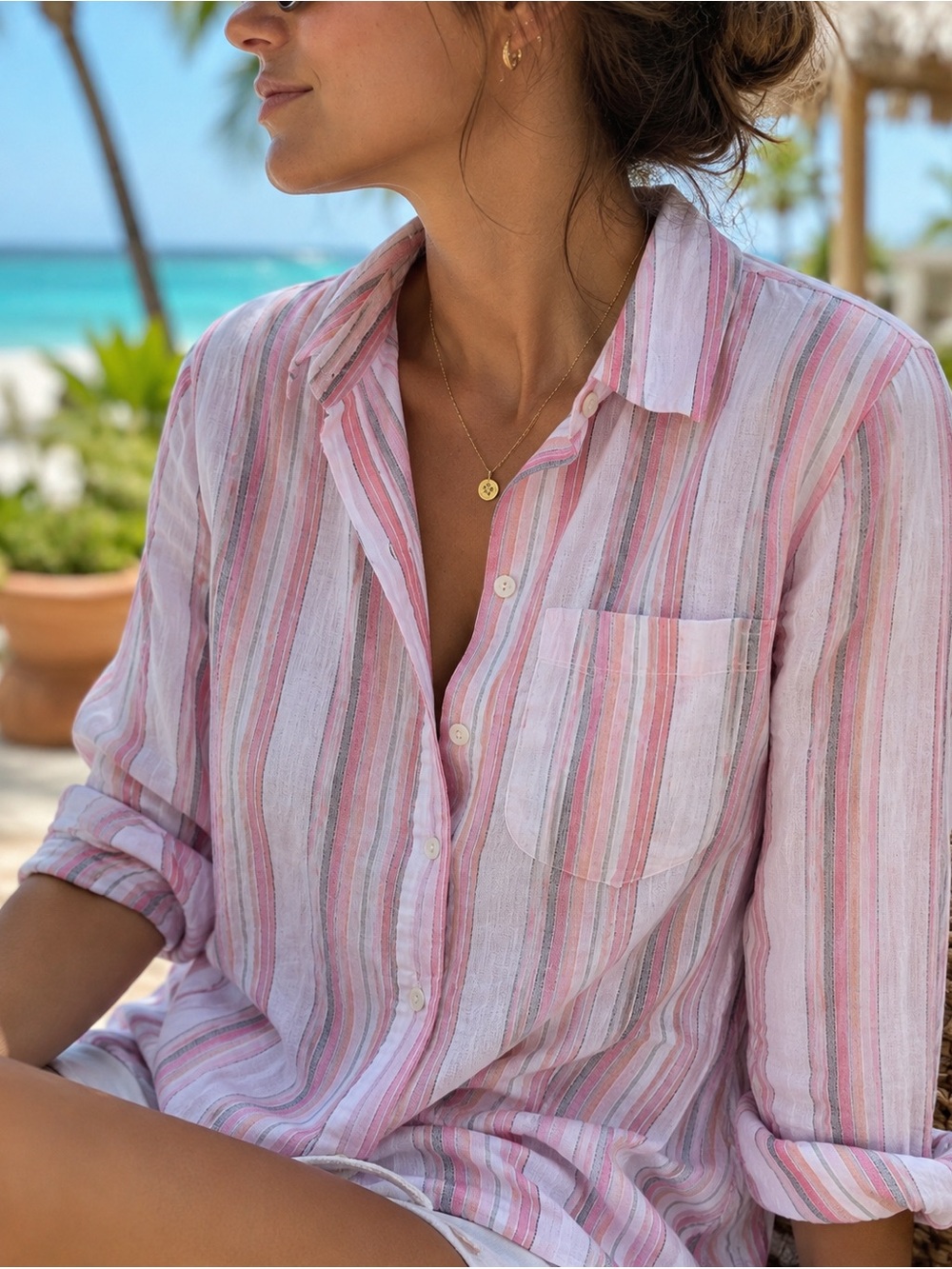 🌸 NWT Liz Claiborne Striped Button-Up Shirt – Size Medium – Lightweight Blouse